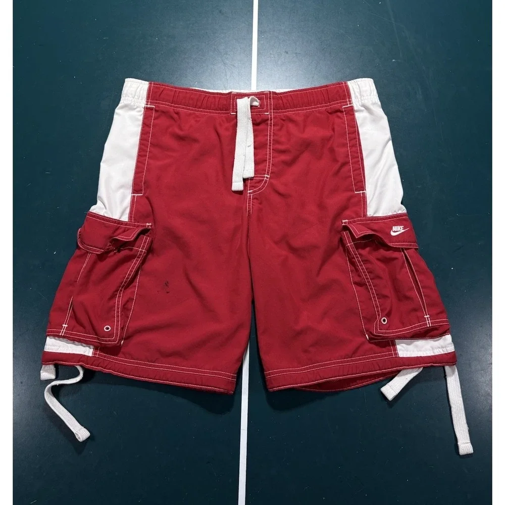 Vintage Y2K Nike Red Swim‎ Trunks Cargo Board Shorts Men's Medium Retro Baggy